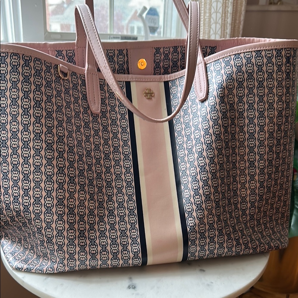 Tory Burch Pink and Blue Patterned Tote Bag